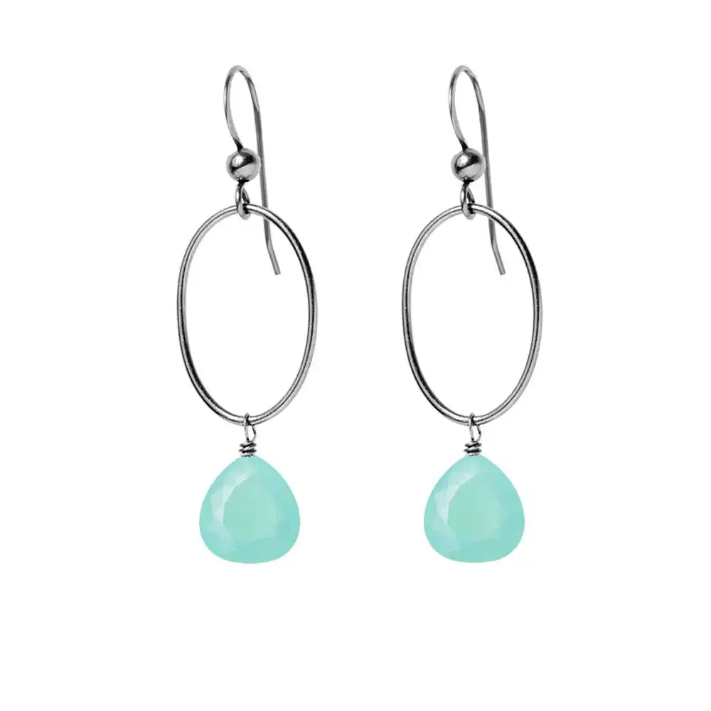 Chalcedony gemstone hoop earrings in oxidized silver, hand-cut soft blue stone, handmade in the USA variant--Oxidized-sterling-silver