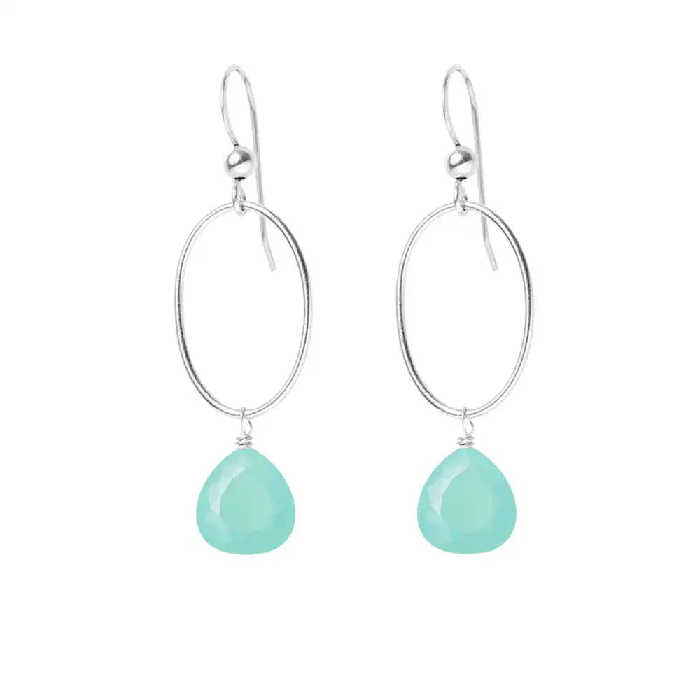Chalcedony gemstone hoop earrings in sterling silver, hand-cut soft blue stone, handmade in the USA variant--Sterling-silver