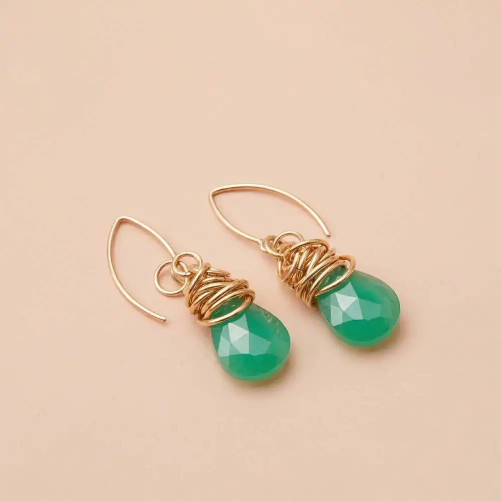 Chrysoprase dangle earrings product shot, genuine apple-green stone in sculptural bezel setting variant--Gold-fill variant--Sterling-silver variant--Chrysoprase