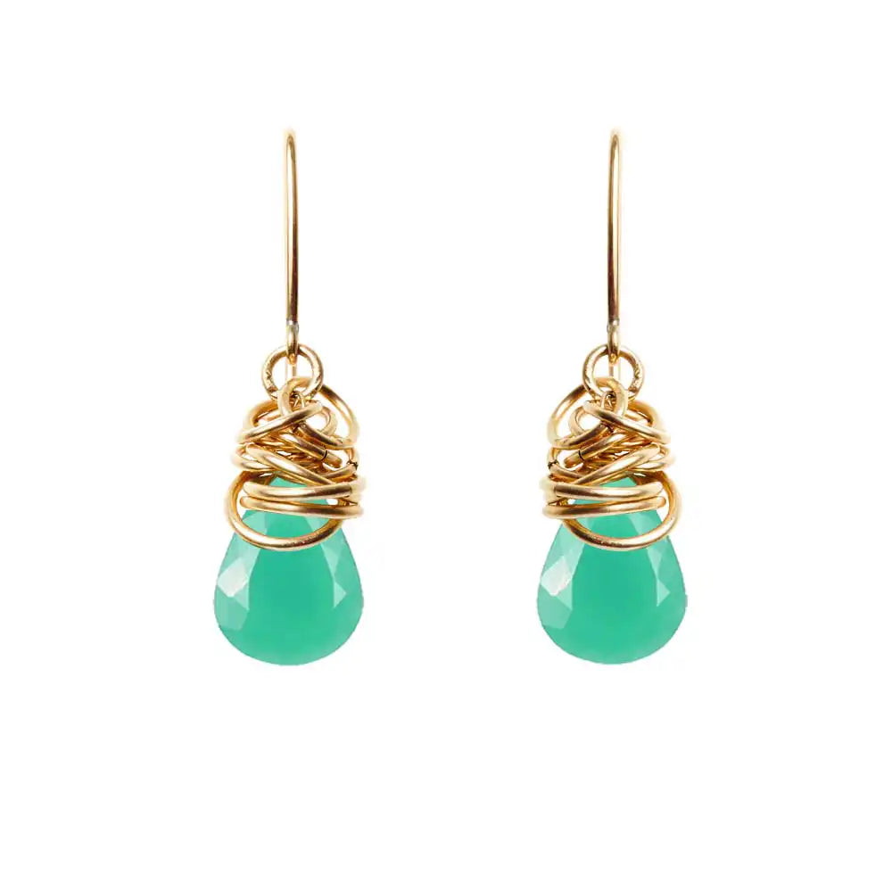 Chrysoprase dangle earrings in 14K gold-fill, warm gold setting with apple-green gemstone