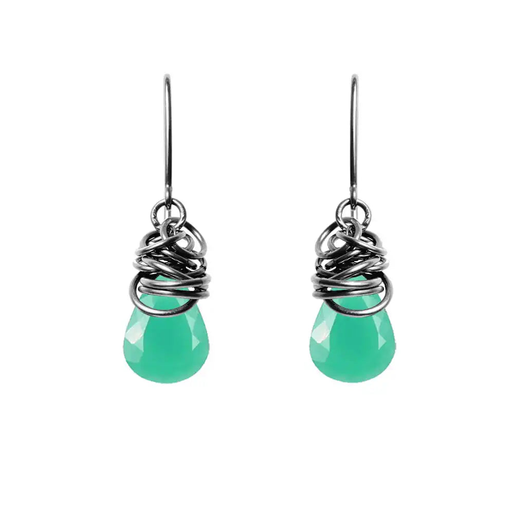 Chrysoprase dangle earrings in oxidized sterling silver, dark patina setting with natural green stone