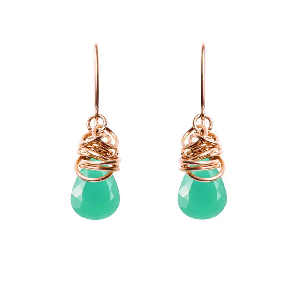 Chrysoprase dangle earrings in rose gold-fill, soft pink metal with vivid green chrysoprase stone variant--Rose-Gold-fill