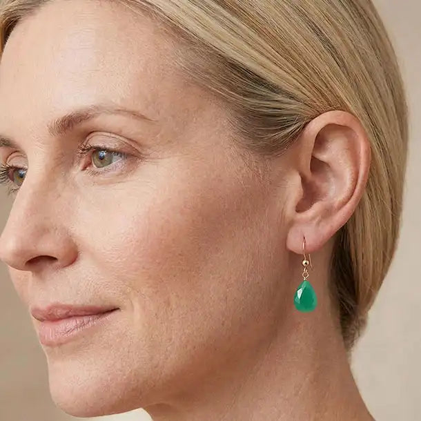 Drop earring in gold-fill shown on model. variant--Gold-fill, variant--Sterling-silver, variant--14K-yellow-gold, variant--14K-white-gold variant--Chrysoprase