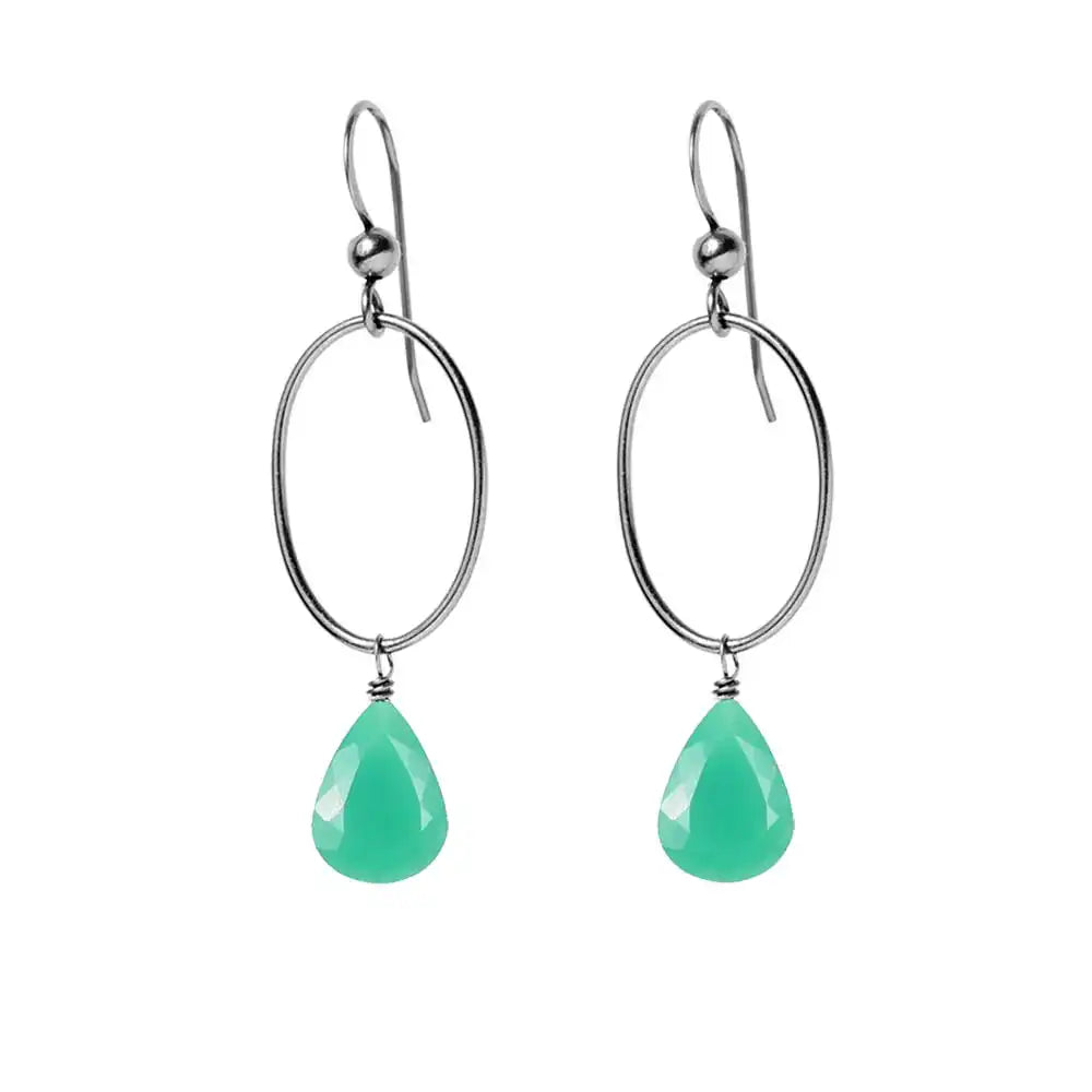 Chrysoprase gemstone hoop earrings in oxidized silver, hand-cut vibrant green stone, handmade in the USA variant--Oxidized-sterling-silver
