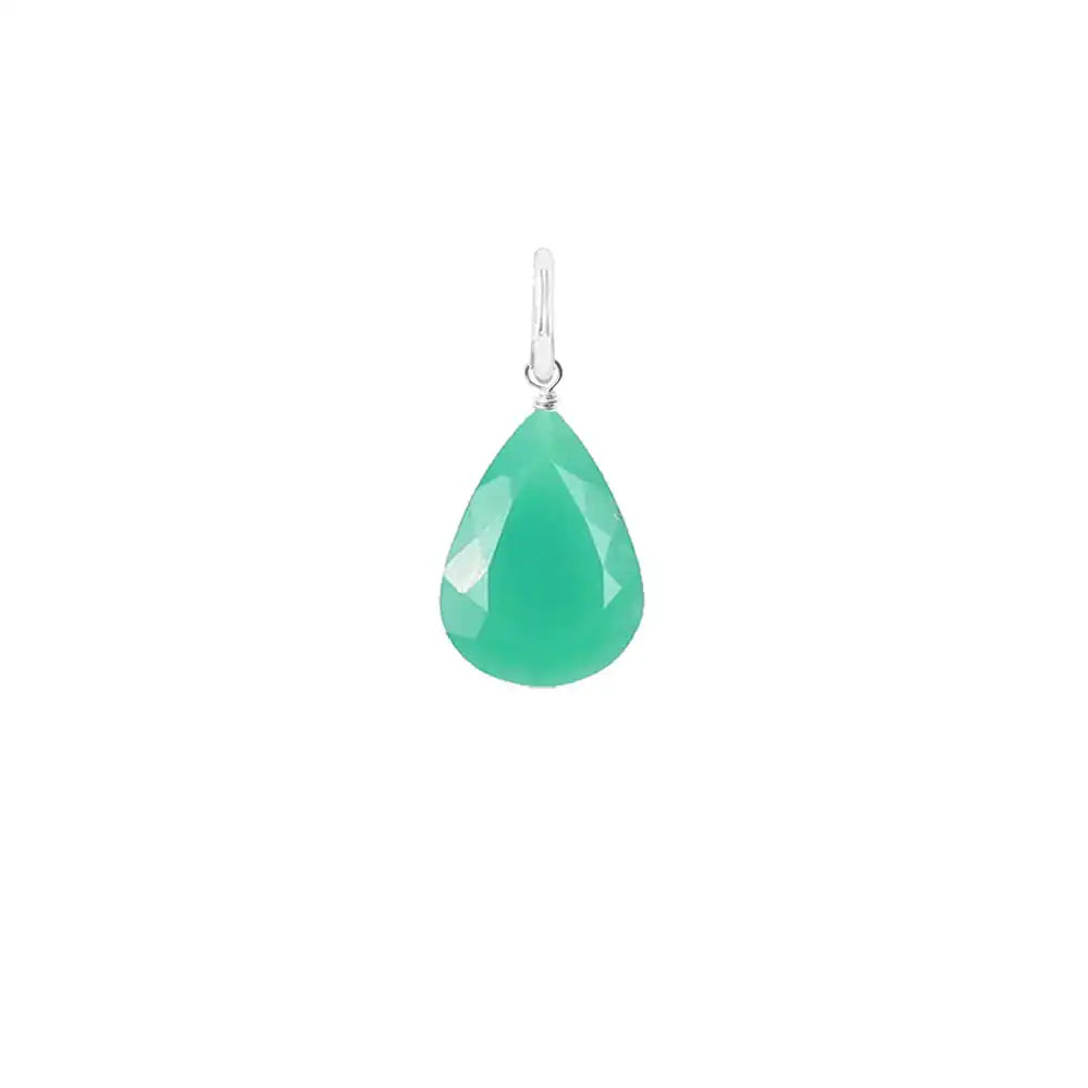 Natural chrysoprase 11mm briolette charm in sterling silver, flat lay on neutral background variant--Chrysoprase variant--Sterling-silver variant--Large
