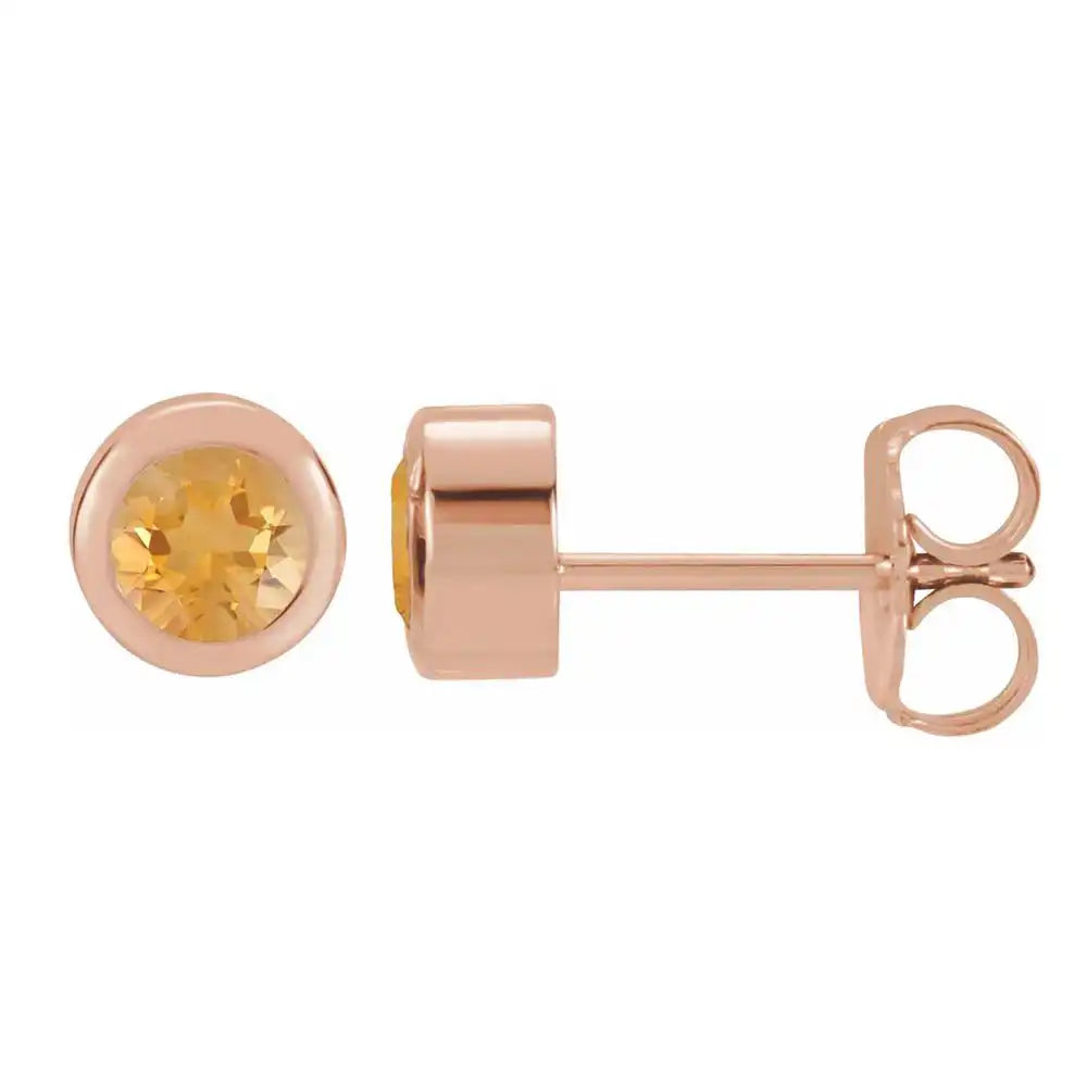 Citrine bezel stud earrings side view in 14K rose gold