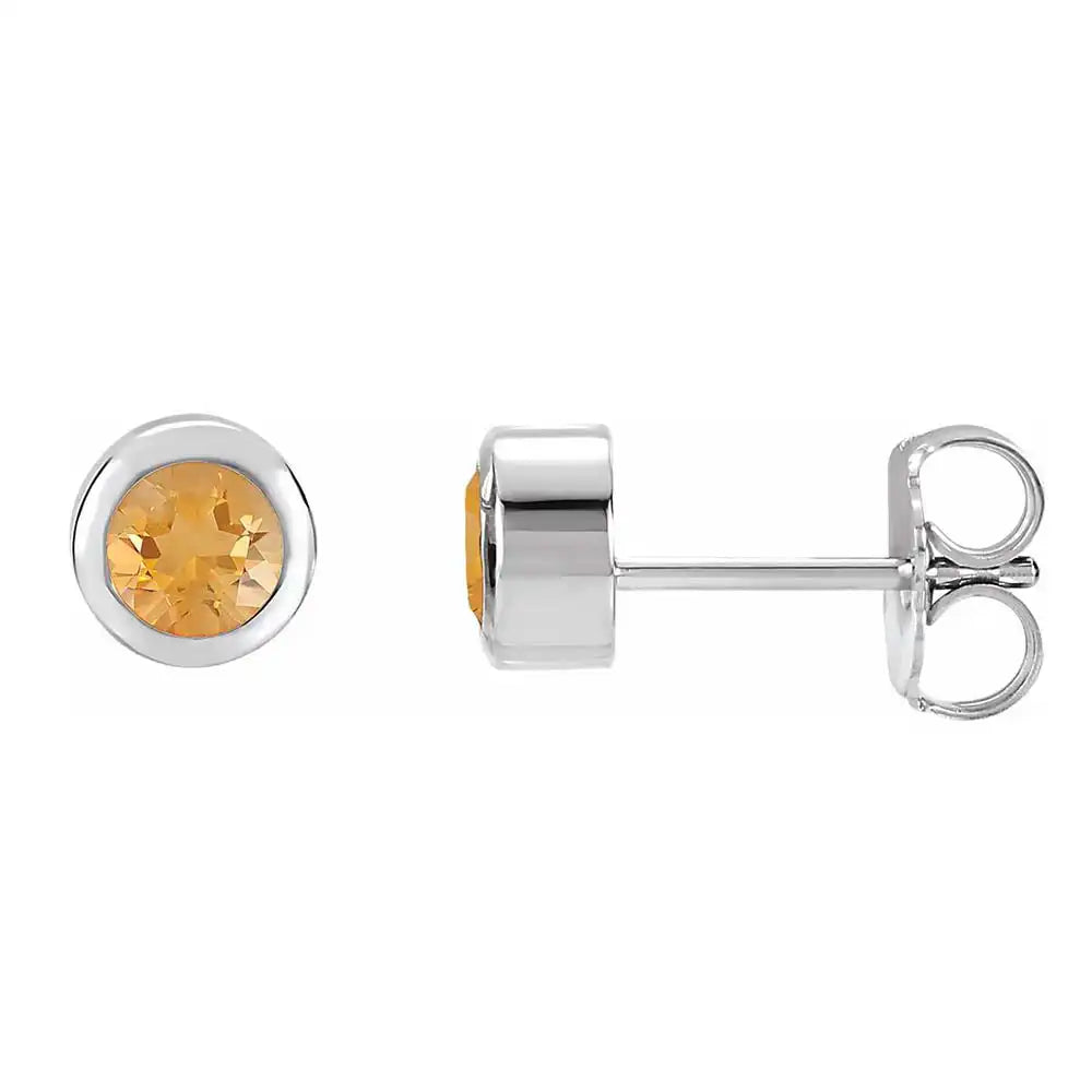 Citrine bezel stud earrings side view in 14K white gold