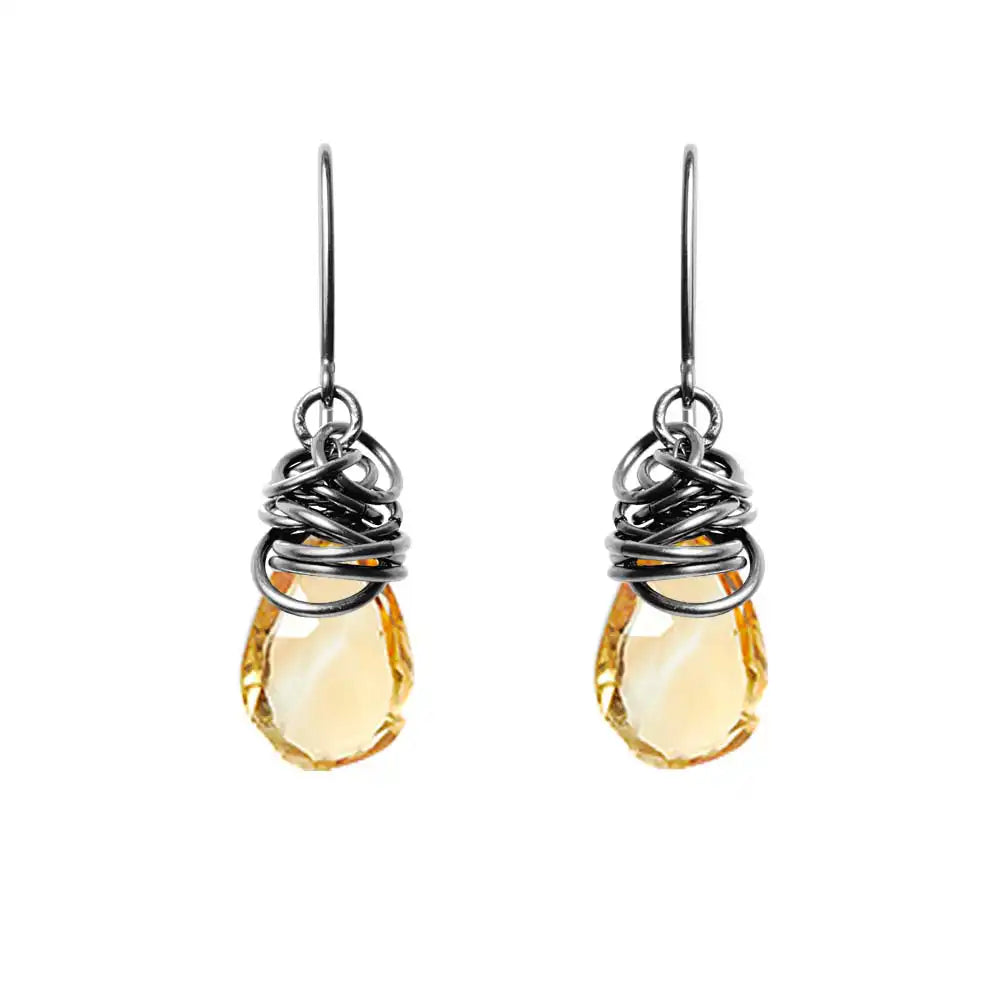 Citrine dangle earrings in oxidized sterling silver, dark patina setting with warm golden stone