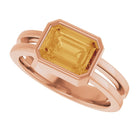 Citrine emerald-cut cocktail ring in 14K rose gold, statement jewelry.