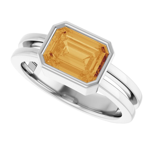 Emerald-cut citrine gemstone ring in 14K white gold, handcrafted design.