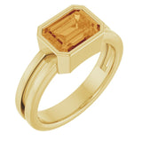 Bold citrine emerald-cut cocktail ring in 14K yellow gold, color-forward fine jewelry