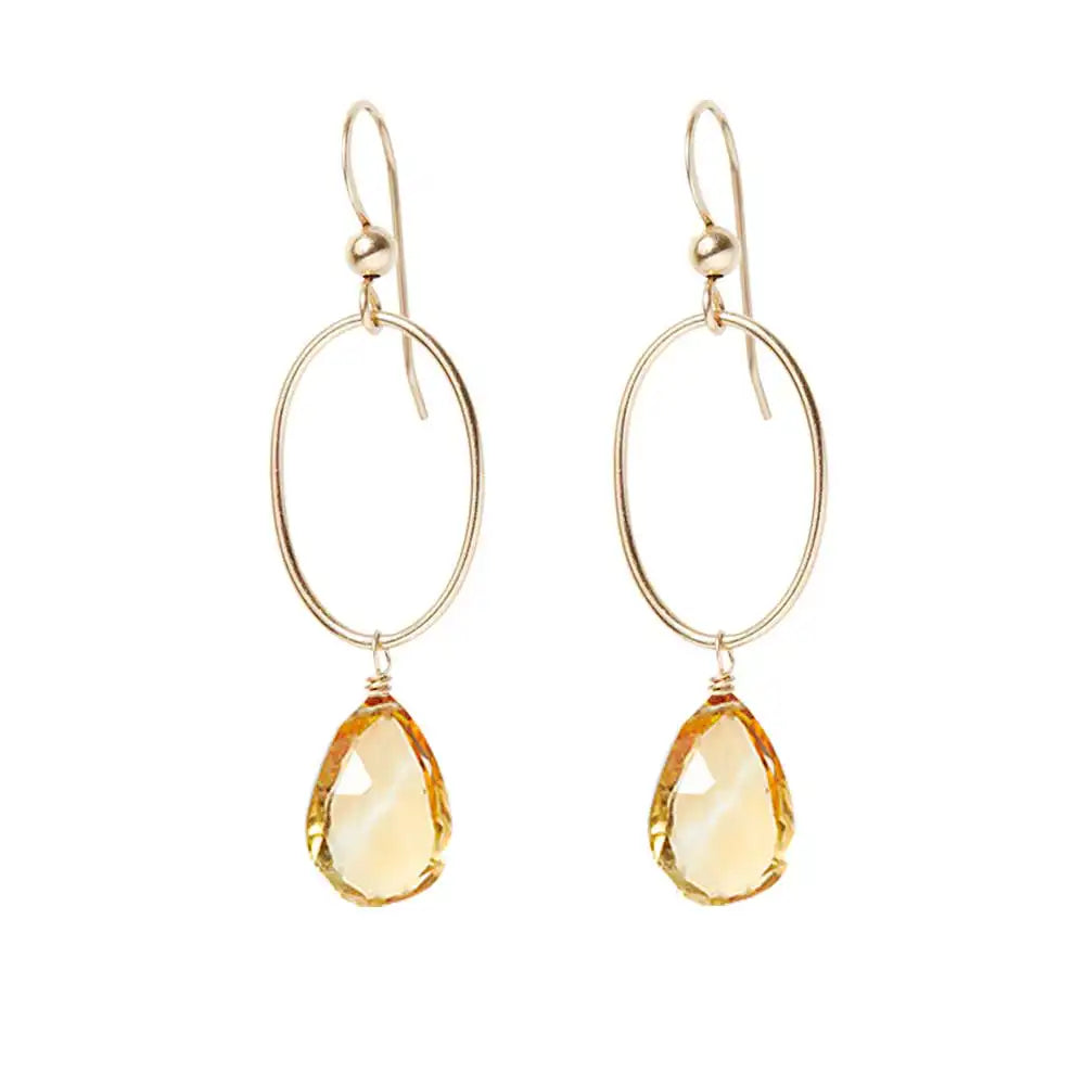 Citrine gemstone hoop earrings in 14K gold-fill, hand-cut golden yellow stone, handmade in the USA