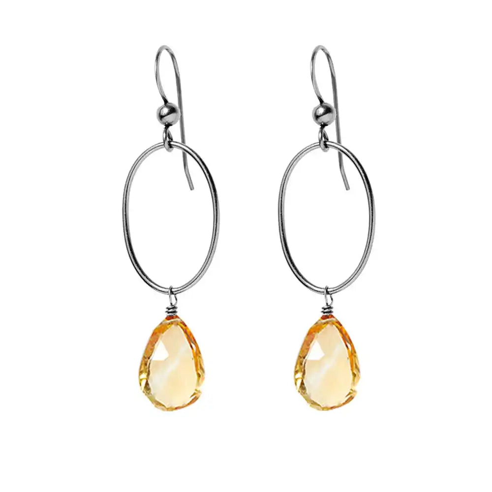 Citrine gemstone hoop earrings in oxidized silver, hand-cut golden yellow stone, handmade in the USA
