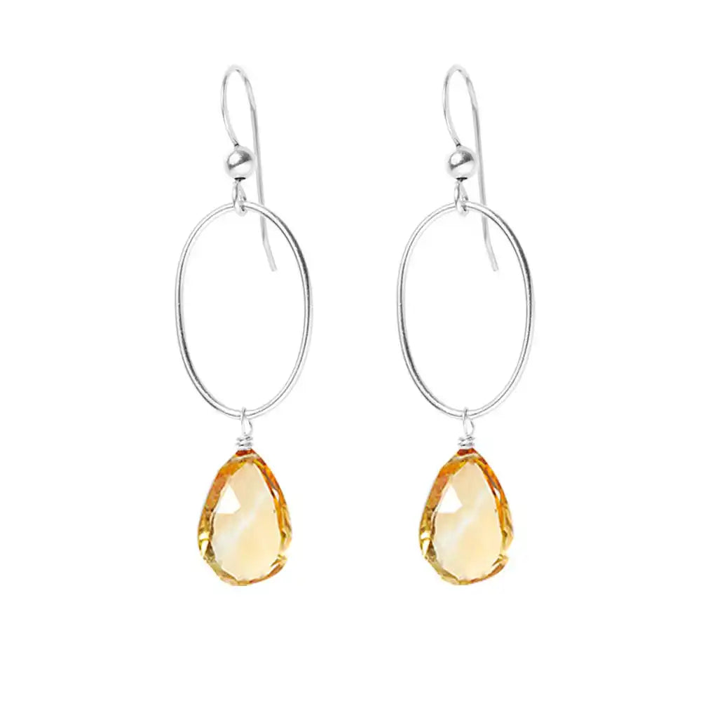 Citrine gemstone hoop earrings in sterling silver, hand-cut golden yellow stone, handmade in the USA