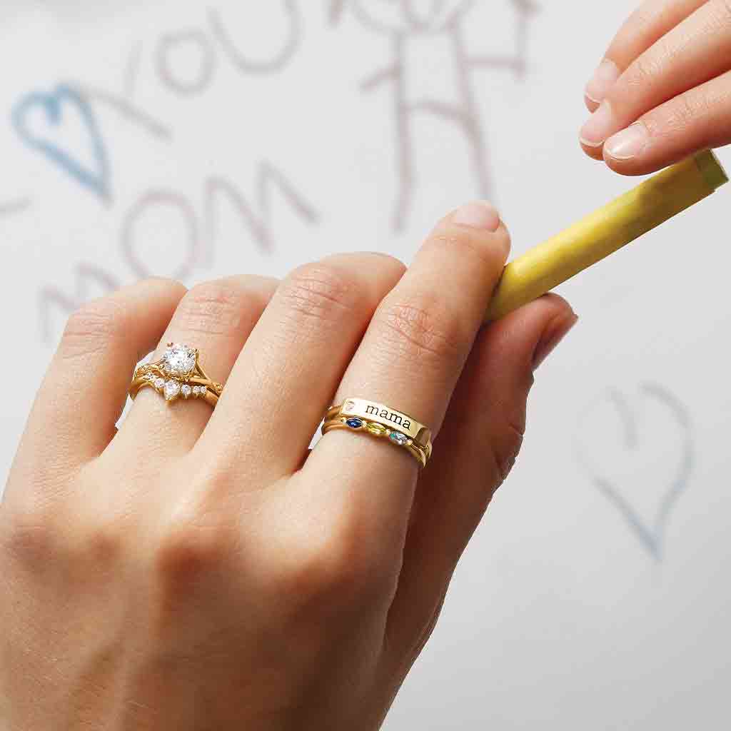 Diamond V band styled with engagement ring