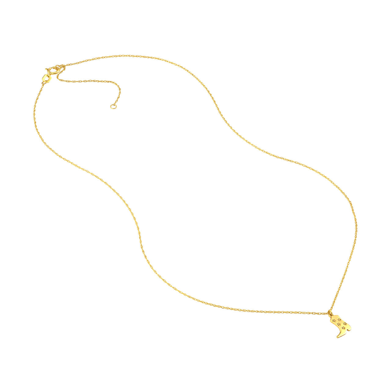 Adjustable chain detail of Cowboy Boot Necklace showing 16–18 inch length and spring-ring clasp