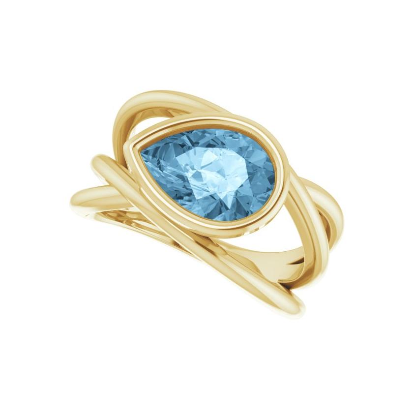 Criss-cross aquamarine cocktail ring in 10K yellow gold with pear-cut gemstone