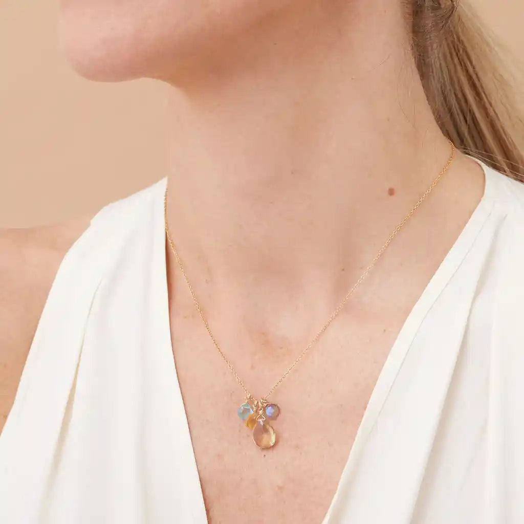 Custom 4 gemstone necklace on model, showing pendant scale and drape