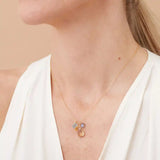 Custom 4 gemstone necklace on model, showing pendant scale and drape