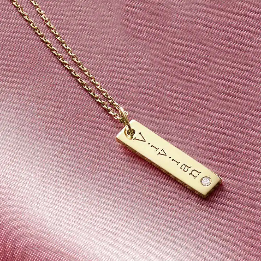 Custom engraved gold-fill bar pendant necklace, 20x5mm, with diamond accent and adjustable chain