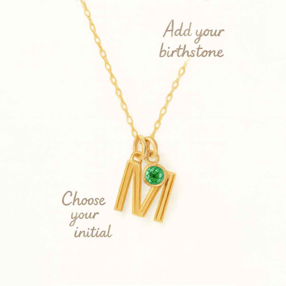 14K gold custom initial birthstone necklace with natural gemstones