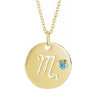 Scorpio zodiac necklace in 14K yellow gold with coordinating birthstone accent charm.