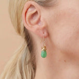 Close-up of natural chrysoprase bezel dangle earring, showing vivid green stone and hand-crafted wire detail variant--Gold-fill variant--Sterling-silver variant--Chrysoprase