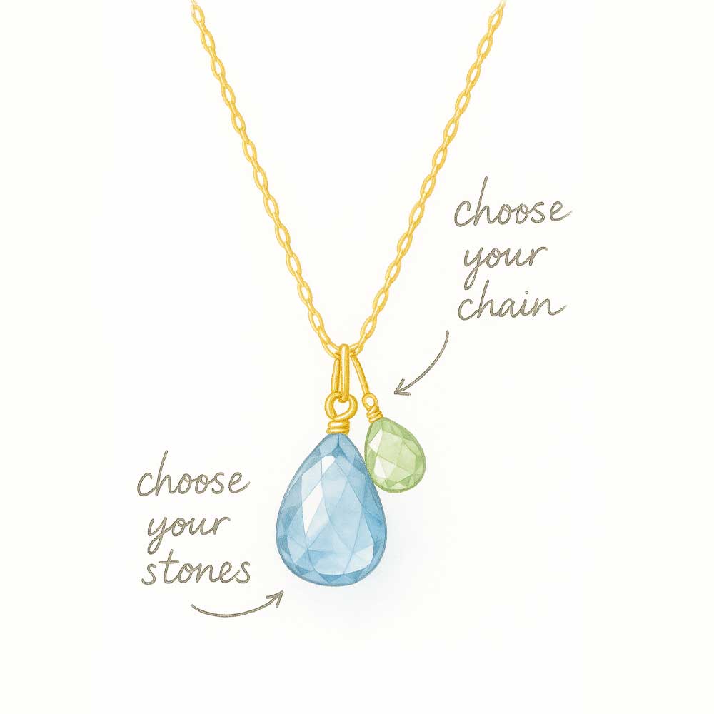 Design illustration of a Custom two gemstone necklace in 14K gold with hand-cut natural stones