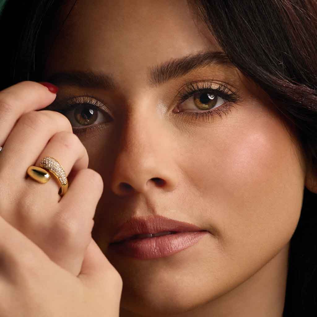 Diamond pavé bypass ring in 14k yellow gold with lab grown diamonds