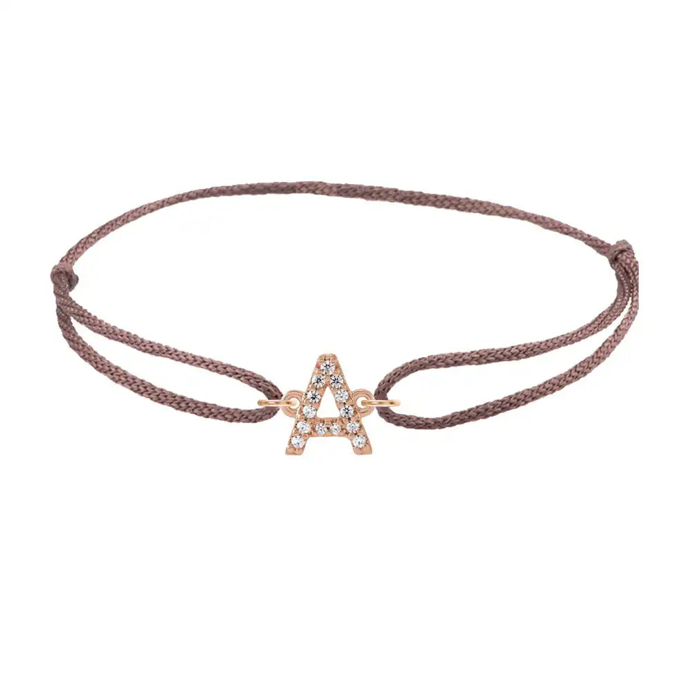 Diamond initial a silk bracelet in 14K rose gold on brown silk