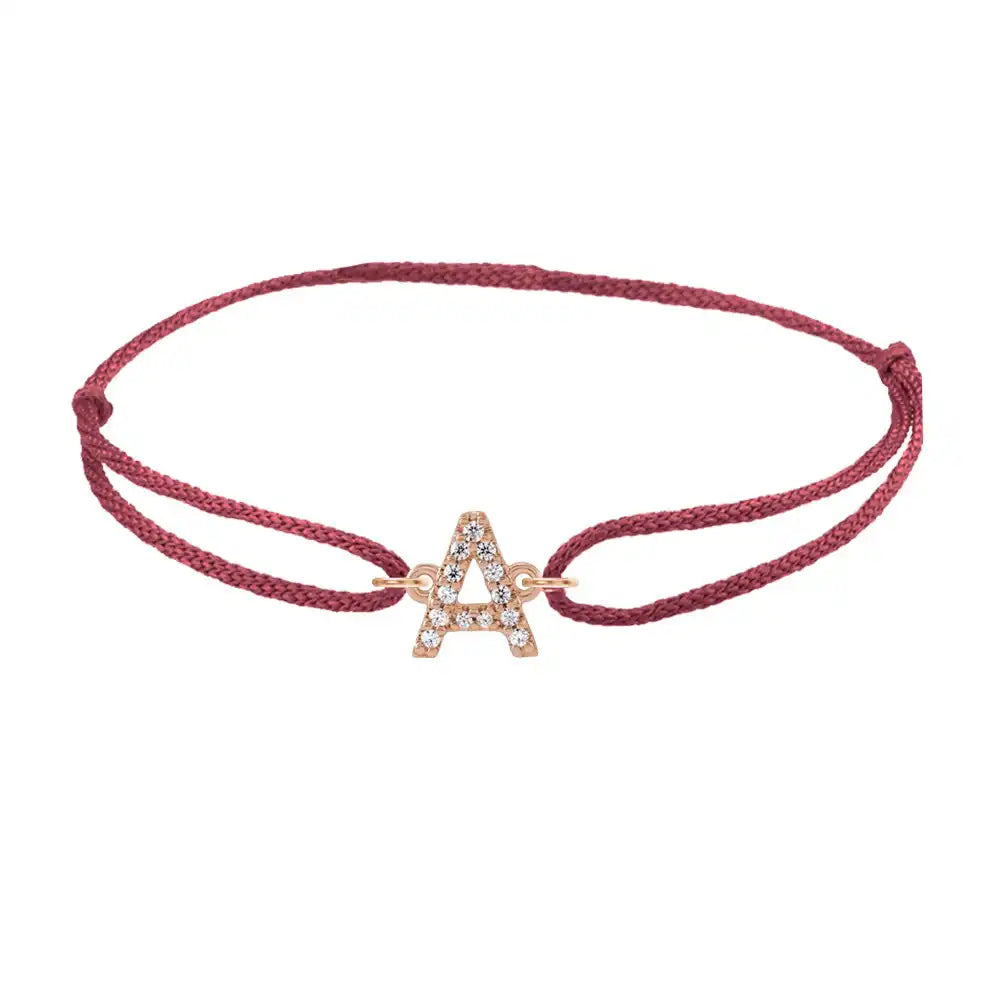 Diamond initial a silk bracelet in 14K rose gold on burgundy silk