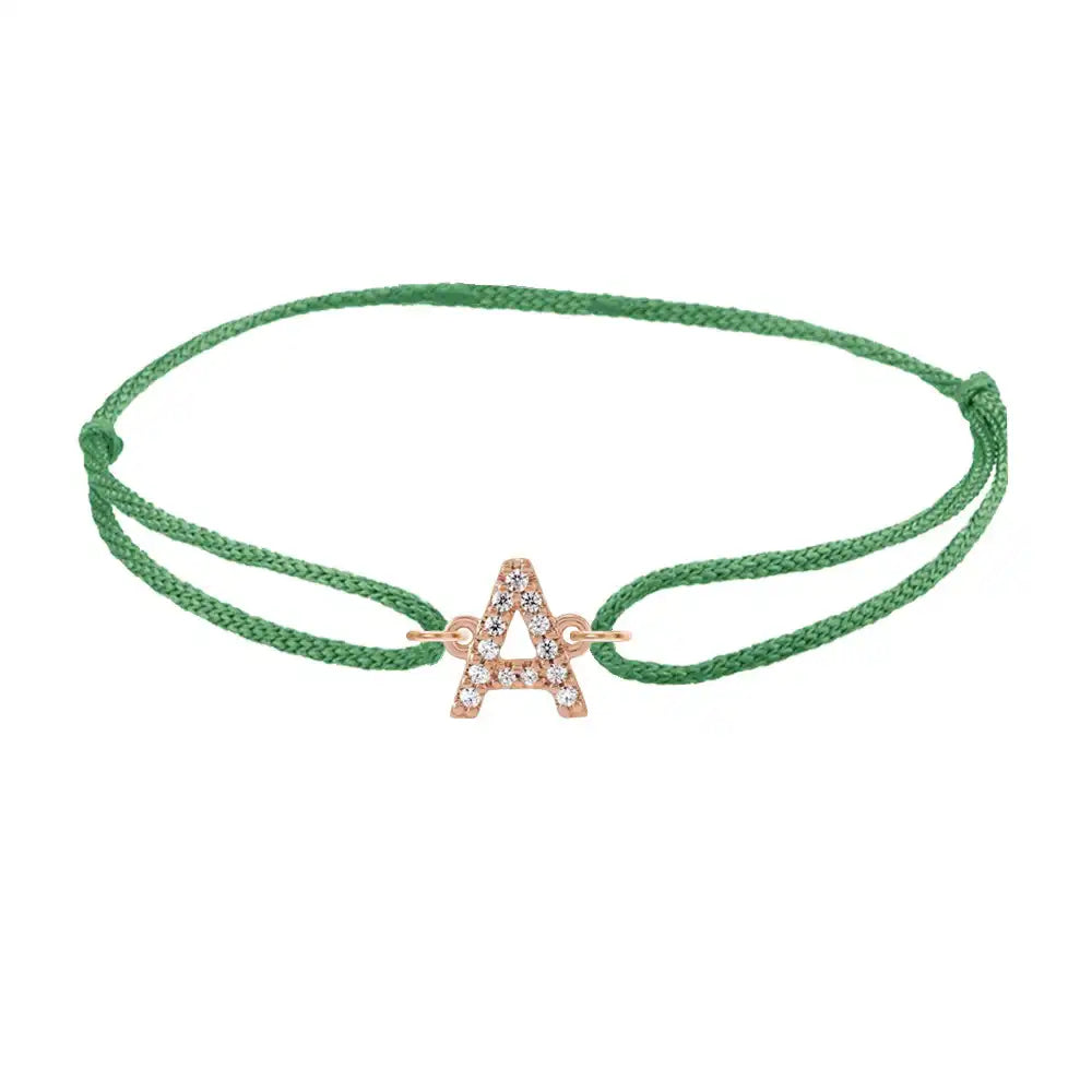 Diamond initial a silk bracelet in 14K rose gold on emerald silk