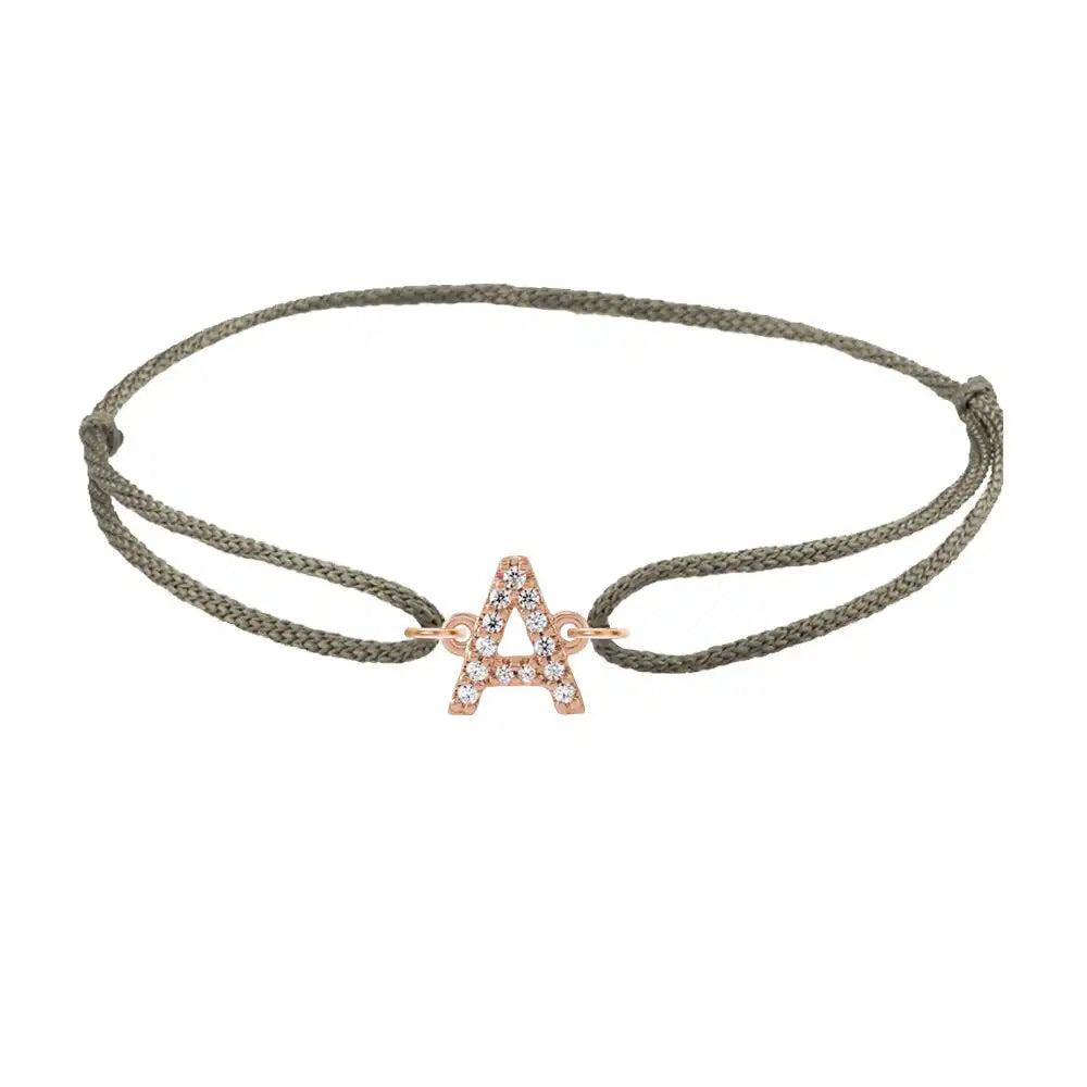 Diamond initial a silk bracelet in 14K rose gold on olive silk
