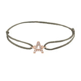 Diamond initial a silk bracelet in 14K rose gold on olive silk