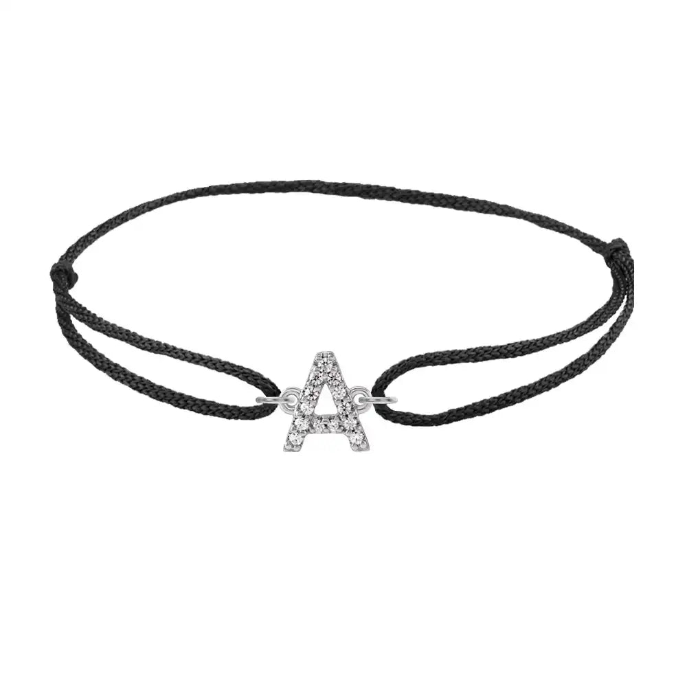 Diamond initial a silk bracelet in 14K white gold on black silk