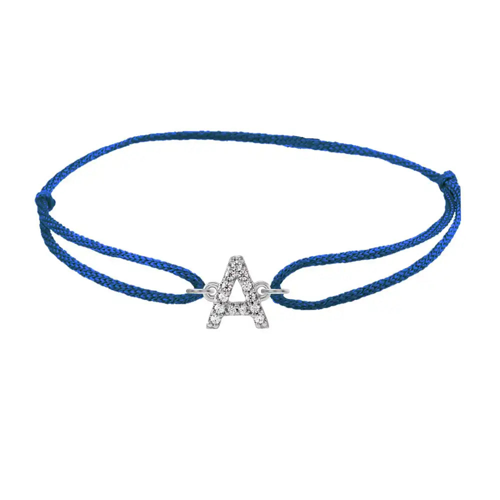 Diamond initial a silk bracelet in 14K white gold on blue silk