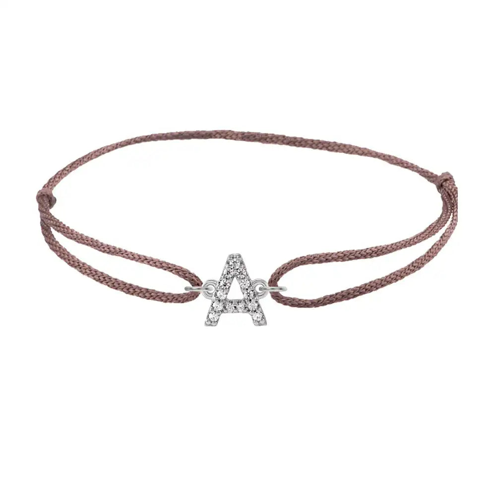 Diamond initial a silk bracelet in 14K white gold on brown silk