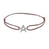 Diamond initial a silk bracelet in 14K white gold on brown silk