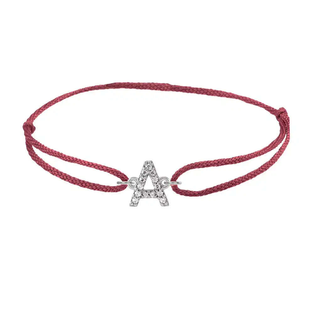 Diamond initial a silk bracelet in 14K white gold on burgundy silk