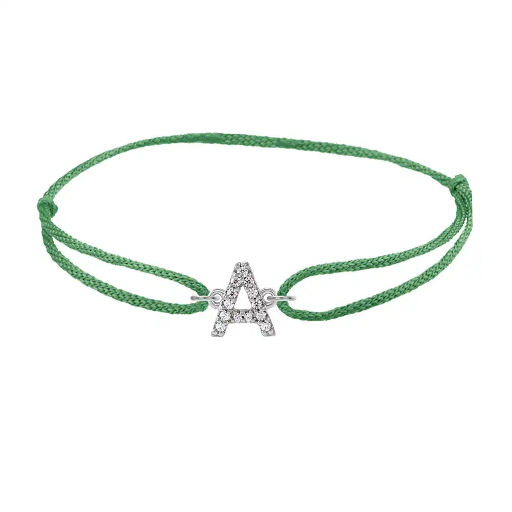 Diamond initial a silk bracelet in 14K white gold on emerald silk