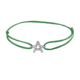 Diamond initial a silk bracelet in 14K white gold on emerald silk