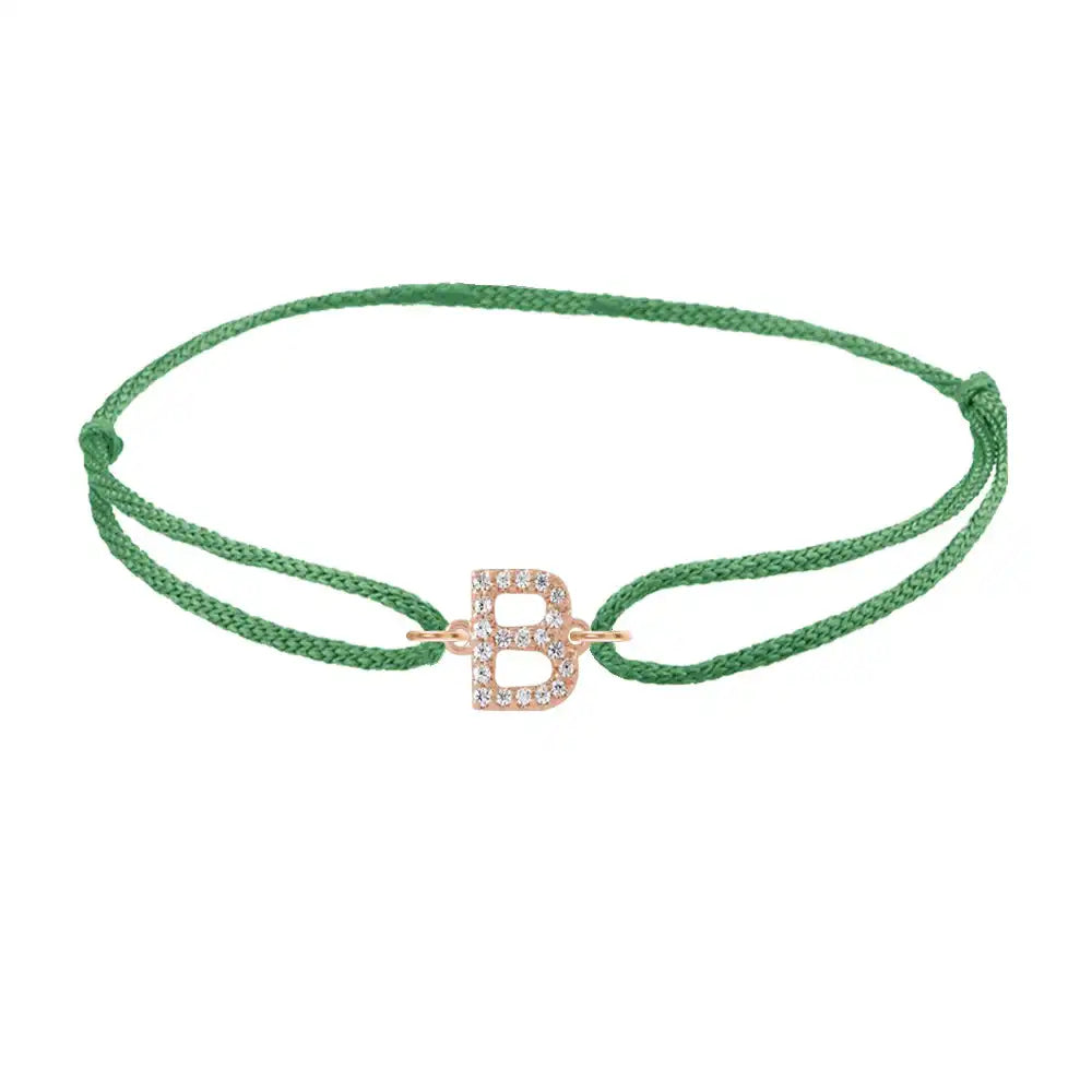 Diamond initial b silk bracelet in 14K rose gold on emerald silk