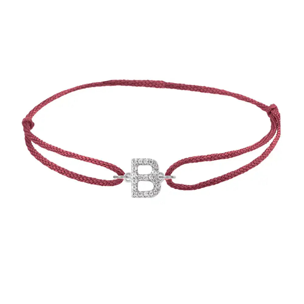 Diamond initial b silk bracelet in 14K white gold on burgundy silk