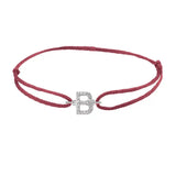 Diamond initial b silk bracelet in 14K white gold on burgundy silk