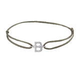 Diamond initial b silk bracelet in 14K white gold on olive silk