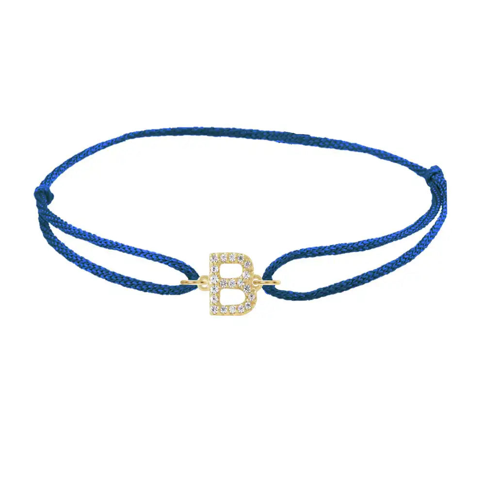 Diamond initial b silk bracelet in 14K yellow gold on blue silk