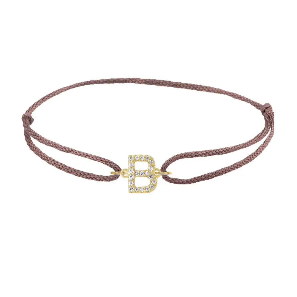 Diamond initial b silk bracelet in 14K yellow gold on brown silk
