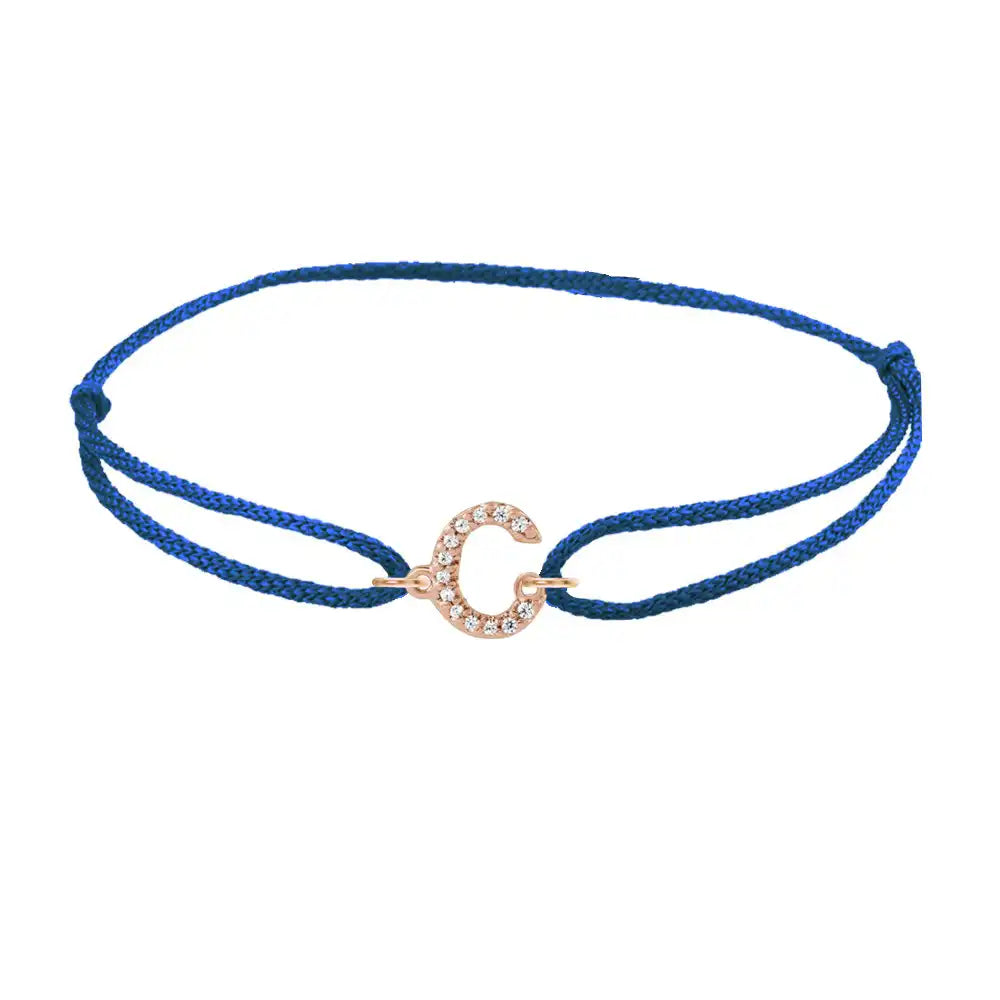 Diamond initial c silk bracelet in 14K rose gold on blue silk