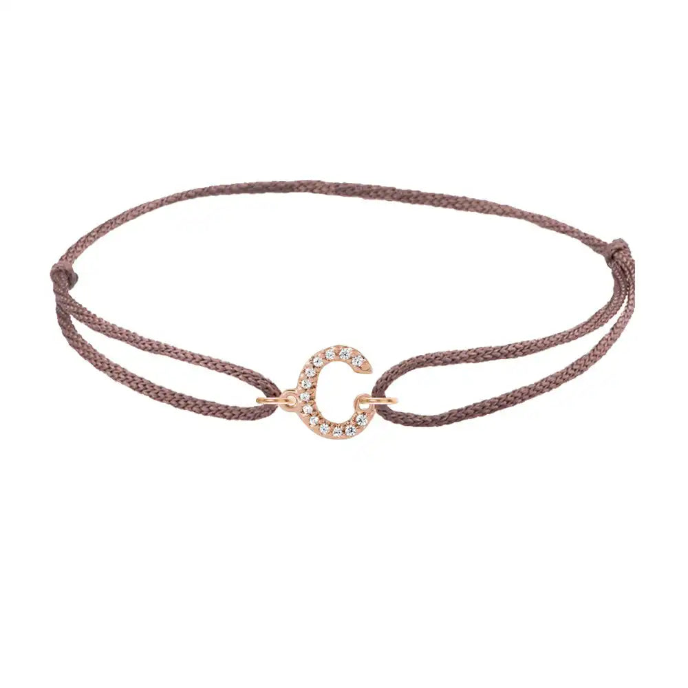 Diamond initial c silk bracelet in 14K rose gold on brown silk