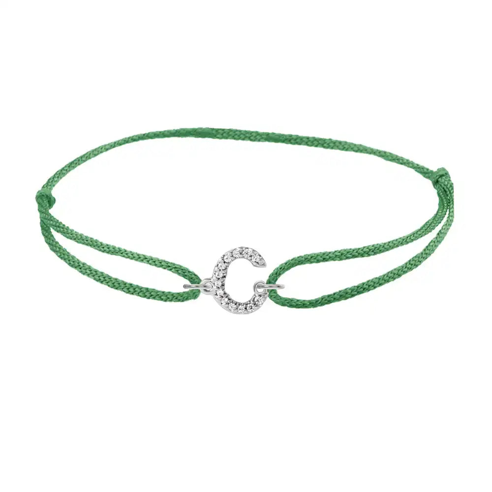 Diamond initial c silk bracelet in 14K white gold on emerald silk